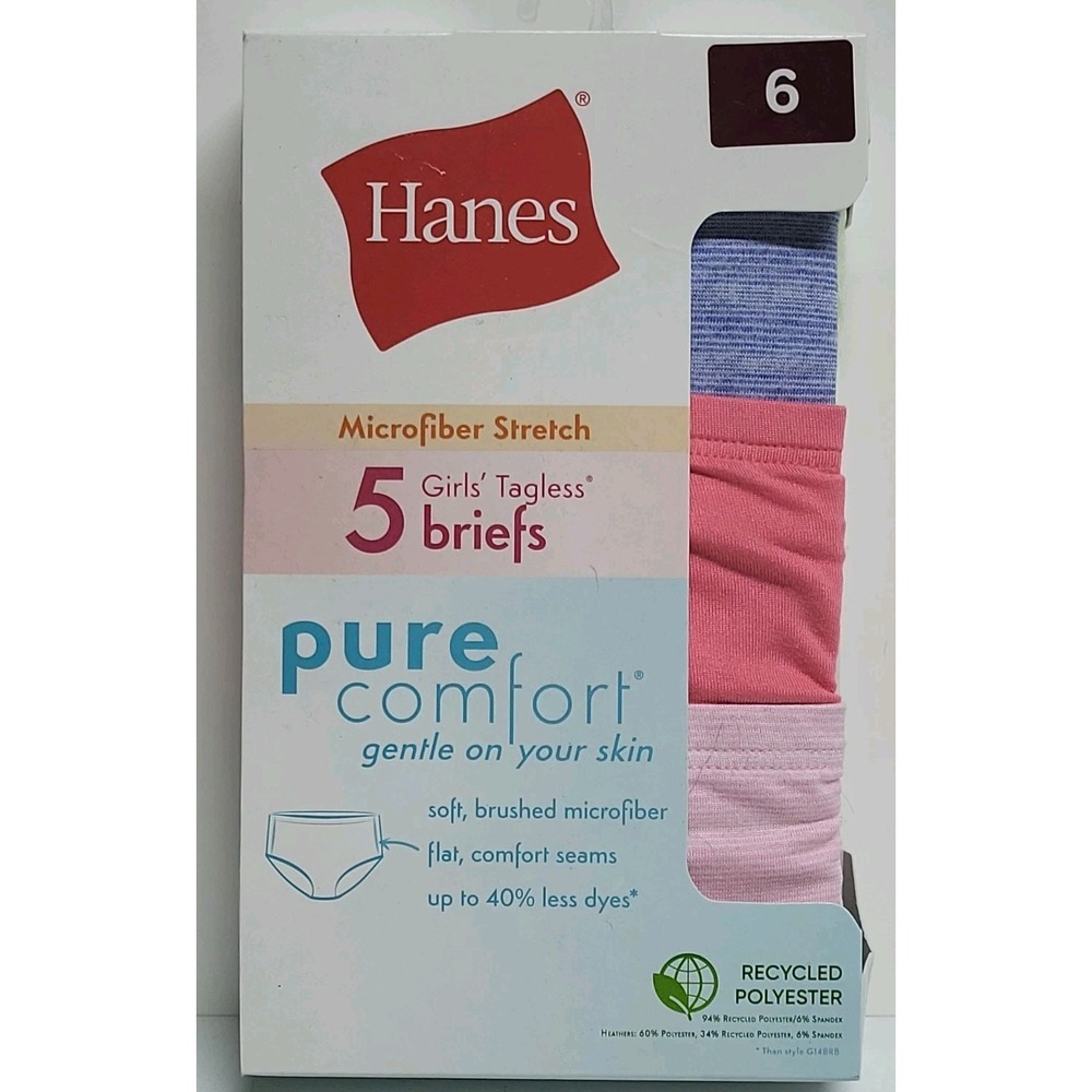New HANES GIRLS' TAGLESS BRIEFS SIZE 6 PURE COMFORT 5PK Underwear Panties